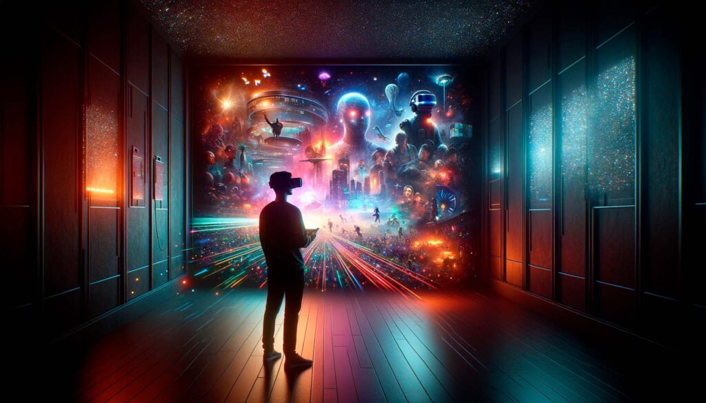 Silhueta de uma pessoa de pé em uma sala escura, usando óculos de realidade virtual, diante de uma tela vibrante que exibe uma cena cinematográfica expansiva e colorida com elementos futuristas e personagens fantásticos, ilustrando a experiência imersiva da realidade virtual no cinema.