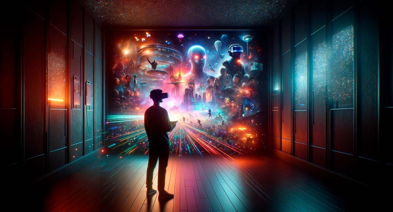 Silhueta de uma pessoa de pé em uma sala escura, usando óculos de realidade virtual, diante de uma tela vibrante que exibe uma cena cinematográfica expansiva e colorida com elementos futuristas e personagens fantásticos, ilustrando a experiência imersiva da realidade virtual no cinema.