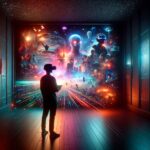 Silhueta de uma pessoa de pé em uma sala escura, usando óculos de realidade virtual, diante de uma tela vibrante que exibe uma cena cinematográfica expansiva e colorida com elementos futuristas e personagens fantásticos, ilustrando a experiência imersiva da realidade virtual no cinema.