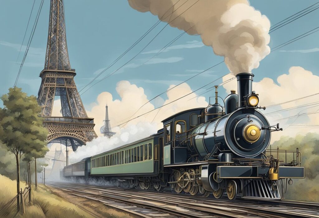 Ilustração de uma locomotiva a vapor clássica preta com vagões de passageiros verdes, soltando uma fumaça branca enquanto percorre os trilhos próximos à Torre Eiffel, com céu azul claro e nuvens fofas ao fundo.