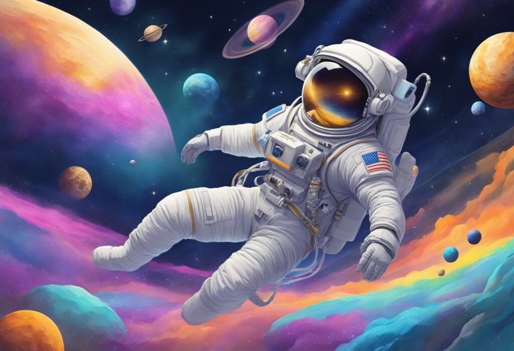 Astronauta flutuando no espaço com planetas coloridos ao fundo, simbolizando a exploração humana do cosmos, para o blogpost 'Entre Estrelas e Células: Desvendando os Mistérios da Vida e do Universo'