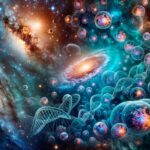 Representação hiper-realista das galáxias e nebulosas do universo em transição suave para estruturas celulares detalhadas e cadeias de DNA, simbolizando a interconexão entre os mistérios cósmicos e biológicos para o blog post 'Entre Estrelas e Células: Desvendando os Mistérios da Vida e do Universo'