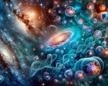 Representação hiper-realista das galáxias e nebulosas do universo em transição suave para estruturas celulares detalhadas e cadeias de DNA, simbolizando a interconexão entre os mistérios cósmicos e biológicos para o blog post 'Entre Estrelas e Células: Desvendando os Mistérios da Vida e do Universo'