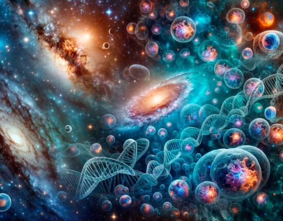 Representação hiper-realista das galáxias e nebulosas do universo em transição suave para estruturas celulares detalhadas e cadeias de DNA, simbolizando a interconexão entre os mistérios cósmicos e biológicos para o blog post 'Entre Estrelas e Células: Desvendando os Mistérios da Vida e do Universo'