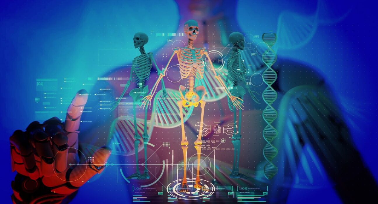 Representação gráfica de um esqueleto humano e um esqueleto robótico com gráficos de DNA e circuitos eletrônicos, simbolizando a aprendizagem da IA sobre a vida humana