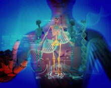 Representação gráfica de um esqueleto humano e um esqueleto robótico com gráficos de DNA e circuitos eletrônicos, simbolizando a aprendizagem da IA sobre a vida humana
