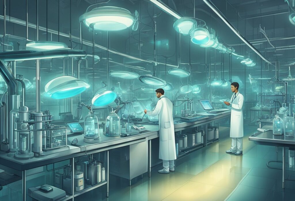 Cientistas em um laboratório moderno, simbolizando a busca pela compreensão da vida e do universo, relacionado ao artigo 'Entre Estrelas e Células: Desvendando os Mistérios da Vida e do Universo'