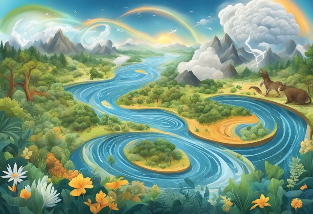 Ilustração vibrante de um ecossistema terrestre com rios sinuosos e uma variedade de flora, enfatizando o ciclo natural da vida, relacionada ao artigo 'Entre Estrelas e Células: Desvendando os Mistérios da Vida e do Universo'